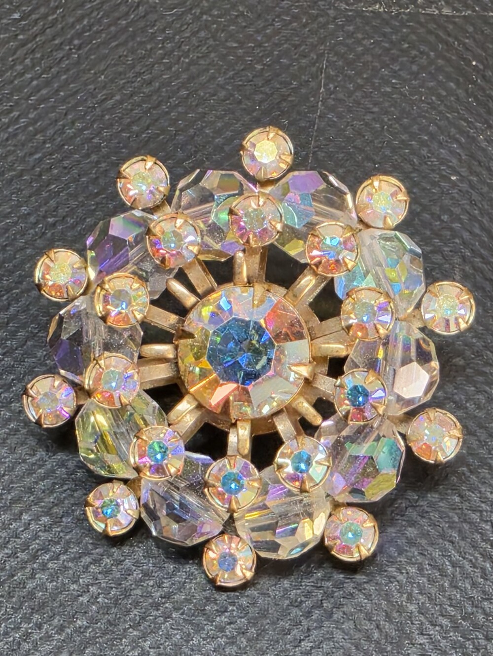 Vintage Aurora Borealis Crystal Starburst Brooch Gold Tone Snowflake Pin